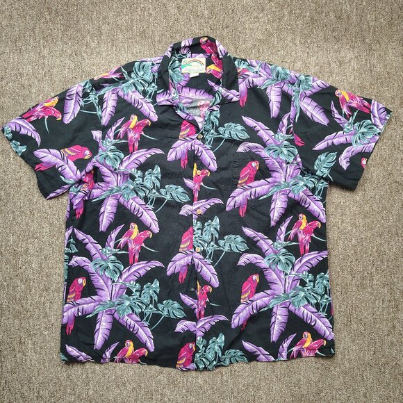 Vintage PARADISE FOUND Hawaiian Shirt Men's 2XL Black Parrot Print Rayon DEFECT - Picture 1 of 8
